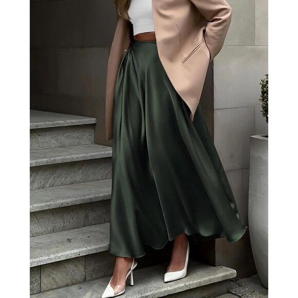 2025 Trendy Pleated High Waisted Satin Skirt - Flowy A-Line Maxi for Women - Picture 3 of 6